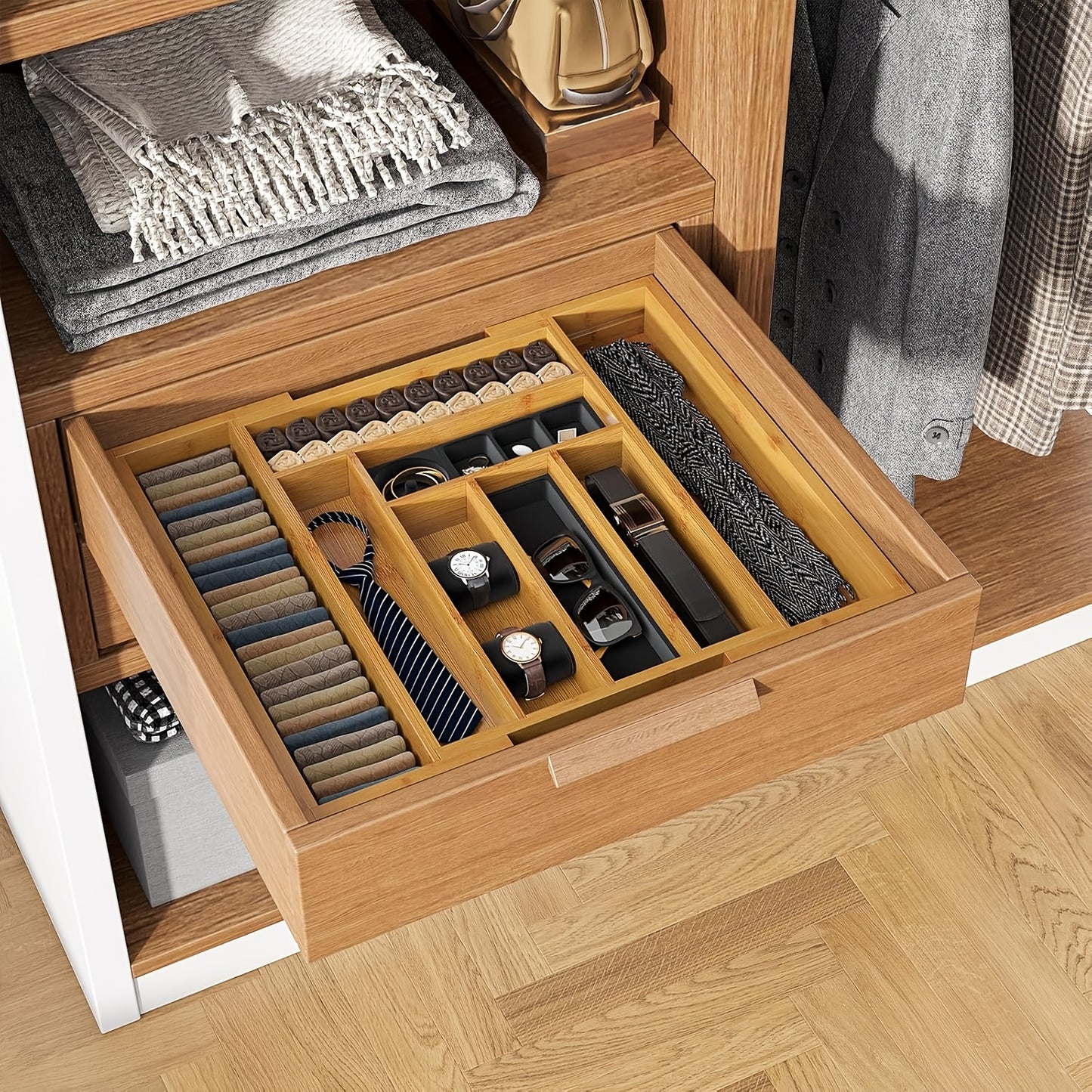 Bamboo Expandable Drawer Organizer For Utensils Holder, Adjustable Cutlery Tray, Wood Drawer Dividers Organizer For Silverware, Flatware, Knives In Kitchen, Bedroom, Living Room
