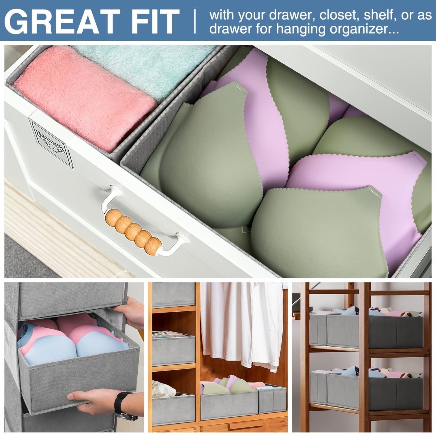 12pcs Folding Fabric Drawer Organizer Set, Closet Storage Bins For Socks, Underwear, Baby Clothes, Bras, Scarves, Belts, Ties - Universal Wardrobe Drawer Dividers - Easy To Install And Reuse - High Quality Material, Durable And Beautiful