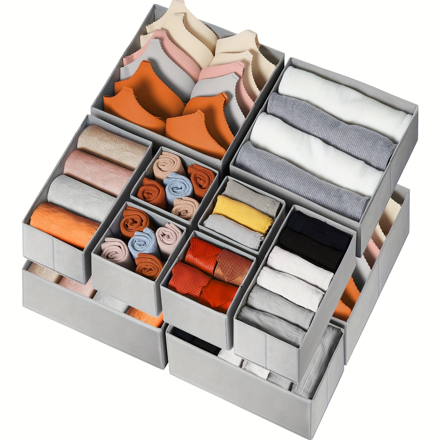 12pcs Folding Fabric Drawer Organizer Set, Closet Storage Bins For Socks, Underwear, Baby Clothes, Bras, Scarves, Belts, Ties - Universal Wardrobe Drawer Dividers - Easy To Install And Reuse - High Quality Material, Durable And Beautiful