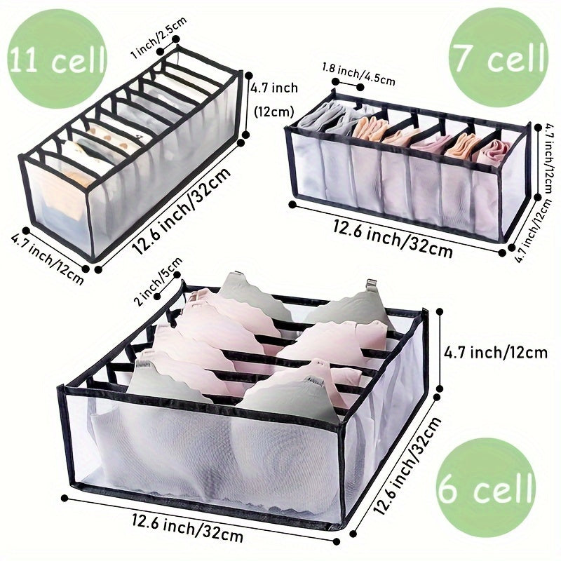 3-Pack Non-Woven Fabric Storage Bins With 6, 7, 11 Compartments, Foldable Drawer Dividers, Organizer For Underwear, Socks, Bras, Closet Organizers And Storage Boxes