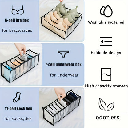 3-Pack Non-Woven Fabric Storage Bins With 6, 7, 11 Compartments, Foldable Drawer Dividers, Organizer For Underwear, Socks, Bras, Closet Organizers And Storage Boxes